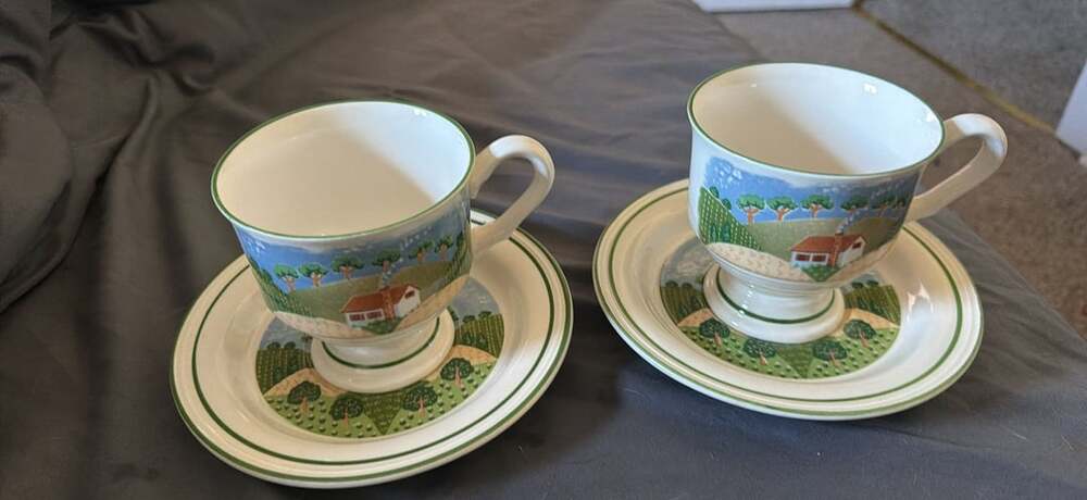 Sangostone Country Cottage 3645 Footed Tea Cup and Saucer Set of 2